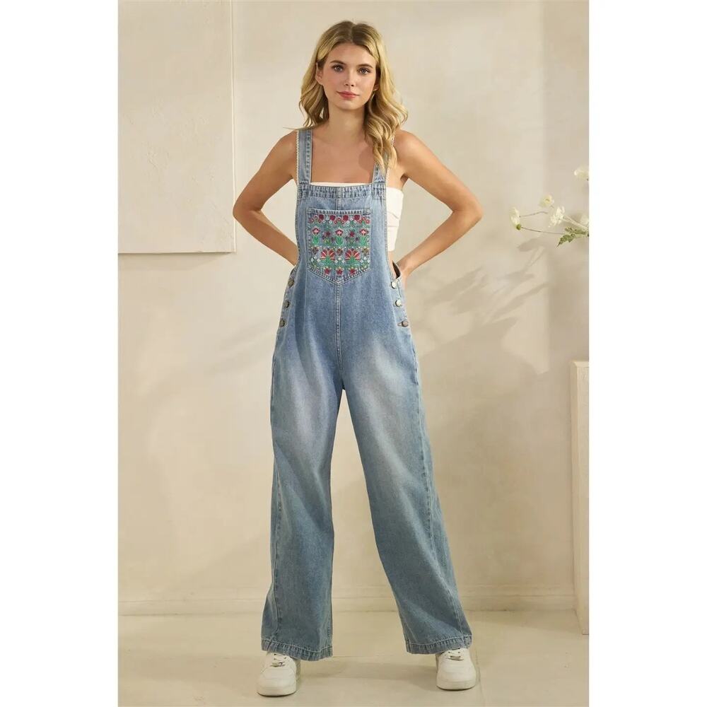 NWT Vervet by Flying Monkey Relaxed Denim Embroidered Overall Jumpsuit — Small